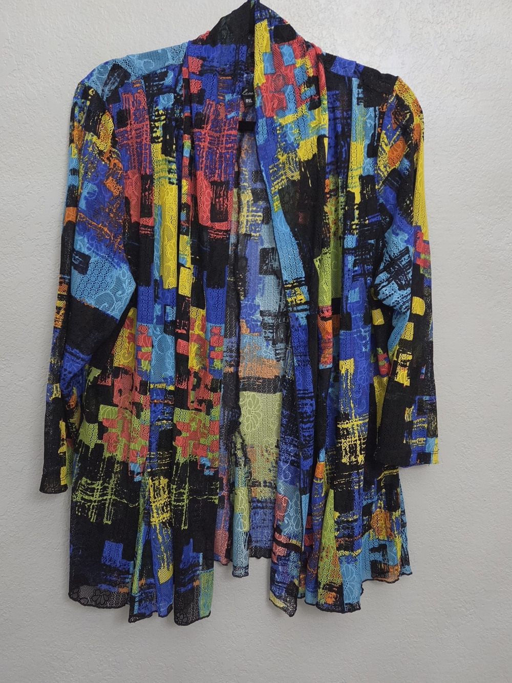 Calessa Abstract Colorful Open Front Cardigan PXL Petite XL Mesh Floral Lace